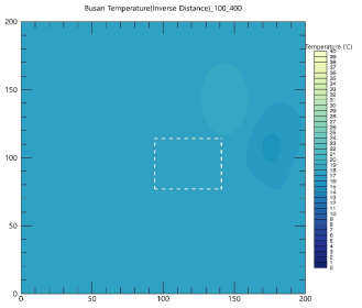 2021년 06월 01일 00시 00분 온도 내삽값. 하얀색 파선 영역은 분석영역을 나타냄