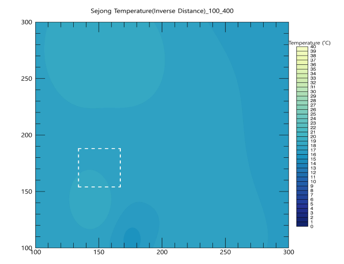 2021년 06월 01일 00시 00분 온도 내삽값. (하얀색 점선은 세종 국가시범도시를 포함하는 영역)