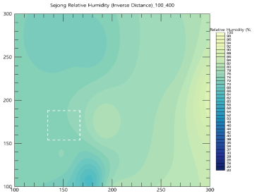 2021년 06월 01일 00시 00분 습도 내삽값. (하얀색 파선 영역은 세종 국가시범도시를 포함하는 영역)
