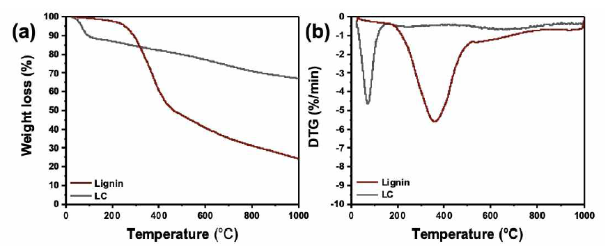 크라프트 리그닌(a)과 리그노바이오차(b)에 대한 TGA 및 DTG 분석 결과