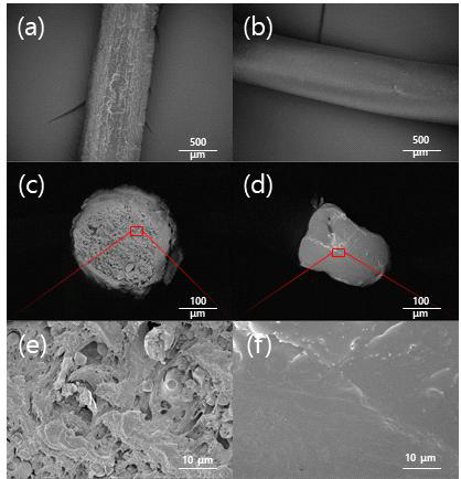 리그닌/PVA 블렌드 섬유의 FE-SEM 사진. (a) 비 가교 섬유, (b) 가교 섬유의 표면 사진. (c, e) 비 가교 섬유, (d, f) 가교 섬유의 단면 사진
