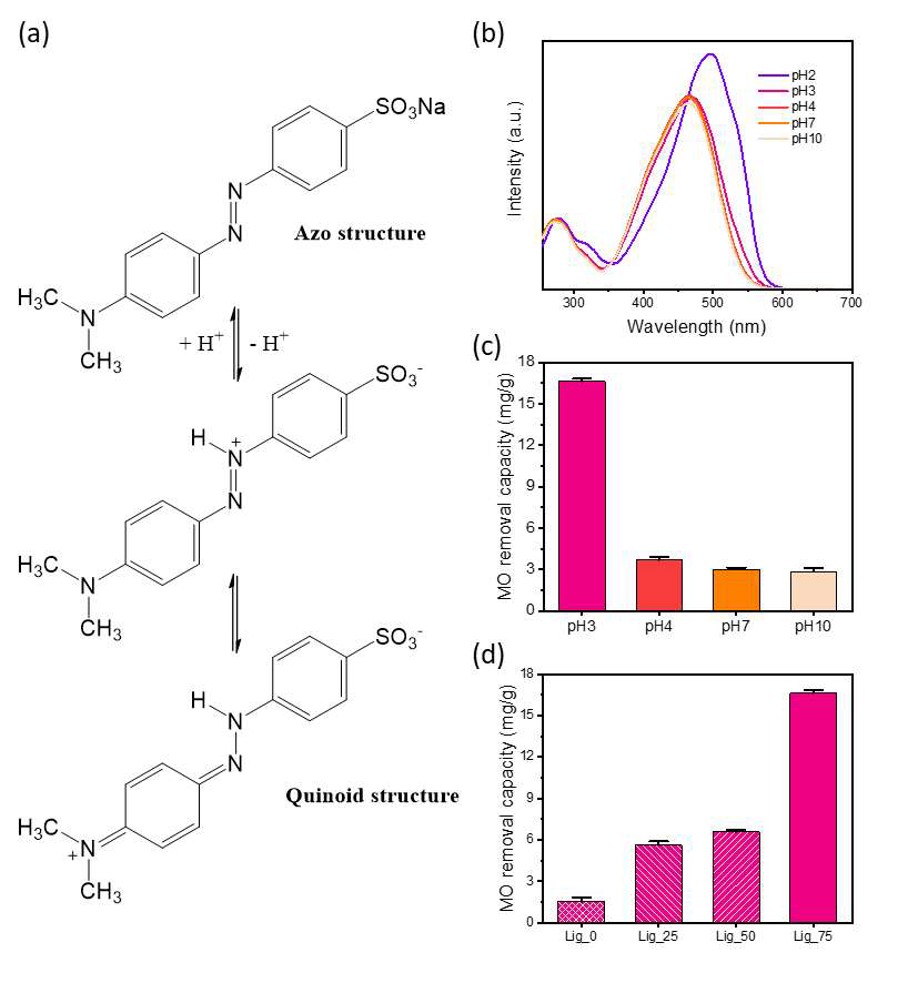 (a) MO의 화학 구조, (b) 다양한 pH 조건에서 MO의 UV-Vis 흡광도 스펙트럼, (c) 다양한 pH 조건에서 Lig_75의 MO 제거 용량(흡착 시간 = 6 시간, 교반 속도 = 90 rpm, 온도 = 298 K, 흡착제 투여량 = 1 g/L), (d) 다양한 리그닌 비율을 갖는 리그닌/PVA 블렌드 섬유의 MO 염료 제거 용량 (pH 3, 흡착 시간 = 6 시간, 교반 속도 = 90 rpm, 온도 = 298 K, 흡착제 투여량 = 1 g/L)