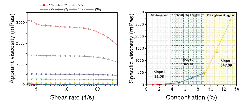 PVA 농도별 점도 그래프 (좌) 전단속도 별 겉보기 점도, (우) 농도별 비점도