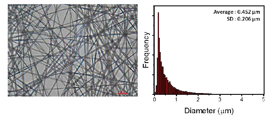 PVA 나노섬유의 실체현미경 이미지 (100x)와 직경 분포도