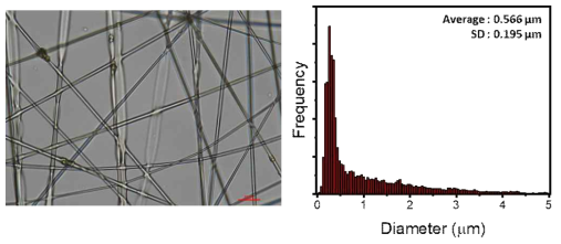 PEO/크라프트 리그닌 나노섬유의 실체 현미경 이미지 (100x)와 직경 분포도