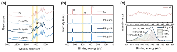 크라프트 리그닌, P-Lig 2%, 4%, 6%의 (a) FTIR, (b) XPS, (c) N 1s 고해상도 스펙트럼 결과