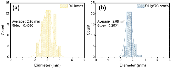 (a) RC 비드, (b) P-Lig/RC 비드의 직경 분포