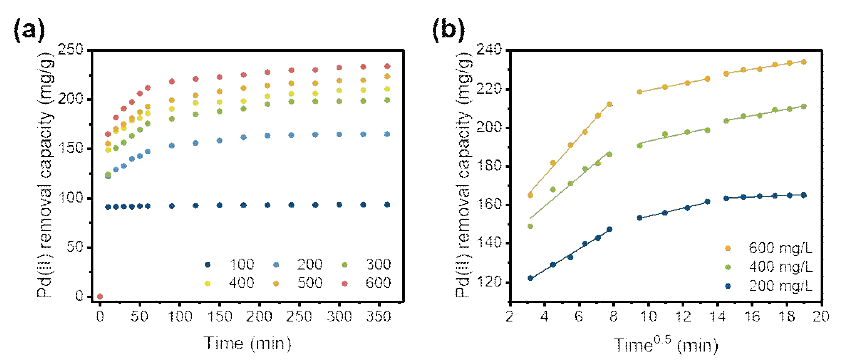 (a) 팔라듐의 초기 농도와 시간에 따른 P-Lig/RC 비드의 흡착 용량, (b) P-Lig/RC 비드의 Intra-Particle Diffusion modeling 결과