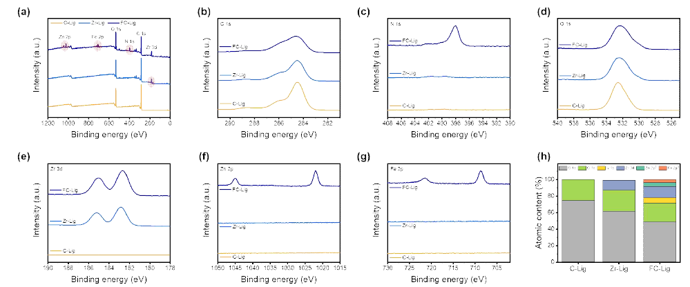 C-Lig, Zr-Lig, FC-Lig의 XPS 분석 결과: (a) XPS full scan, (b) C 1s, (c) N 1s, (d) O 1s, (e) Zr 3d, (f) Zn 2p, (g) Fe 2p, (h) 원소 질량 비율