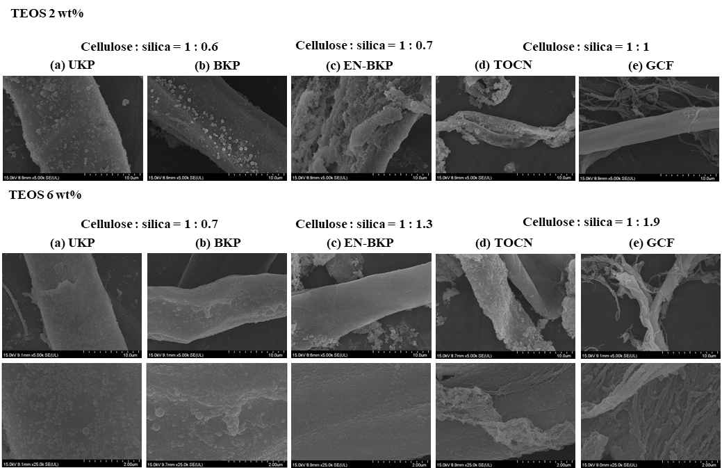 TEOS 사용량에 따른 표면 실리카 함량과 표면 FE-SEM image