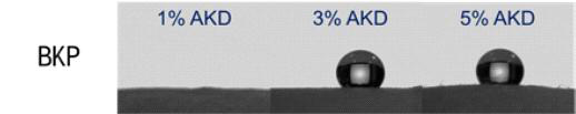 AKD 투입량에 따른 BKP 시트의 물 접촉 30초 후 사진