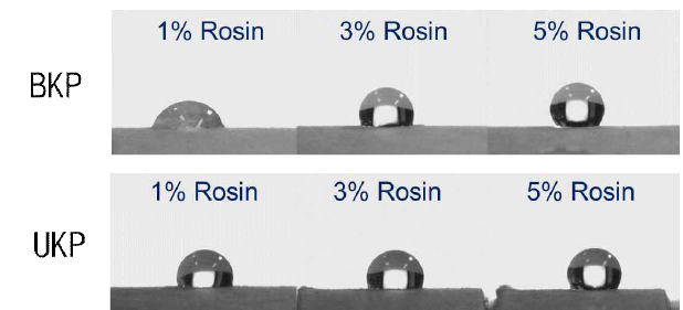 분산로진으로 소수화된 BKP, UKP 시트의 물 접촉 30초 후 사진