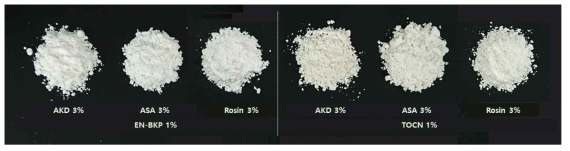 셀룰로오스 원소재(좌: 마이크로셀룰로오스, 우: 나노셀룰로오스) 종류에 따른 분말 사진