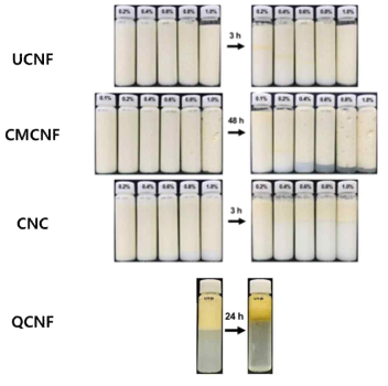 네 종의 CNM의 현탁액 농도별 ASA 에멀션화 양상과 경시 안정성