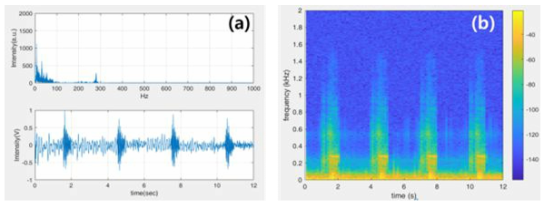 Lung Sim. 및 리트만 전자청진기를 이용한 asthmatic 호흡음 측정 결과: (a) FFT, time domain, (b) Spectrogram