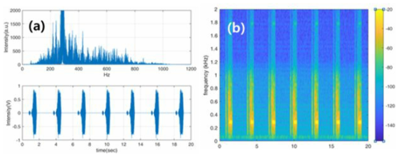 Lung Sim. 및 LSP_V5.0을 이용한 천식 호흡음 측정 결과: (a) FFT, time domain, (b) Spectrogram