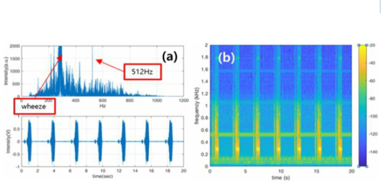 LSP V5.0 W/ Cover 천식 + 512Hz 외부 소음 측정 결과: (a) FFT, time domain, (b) Spectrogram