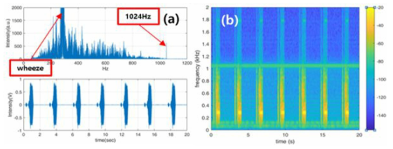 LSP V5.0 W/ Cover 천식 + 1024Hz 외부 소음 측정 결과: (a) FFT, time domain, (b) Spectrogram