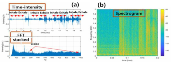 W/ Clothes, Noisy Ambient 생체음향 측정 결과; (a) Time domain, FFT, (b) spectrogram