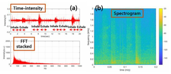 W/O Clothes, silent ambient 생체음향 측정 결과: (a) Time domain, FFT, (b) spectogram