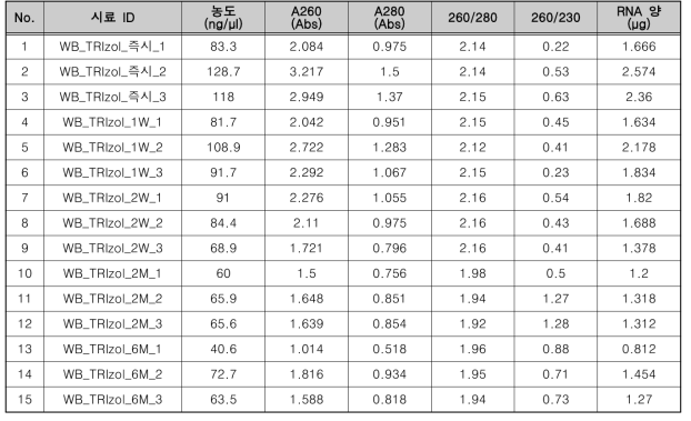 전혈 + TRIzol reagent (vortex) 보관 조건의 RNA 추출 정량 결과