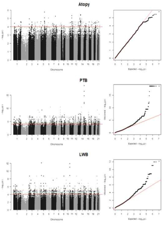 아기그룹을 활용한 환경성질환과 연관성 분석 결과 (Manhattan & Q-Q plot)