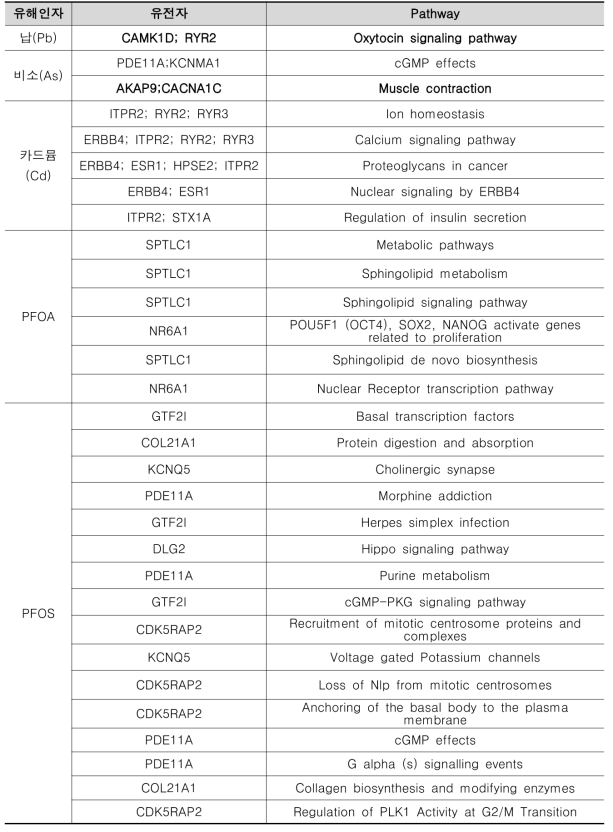 엄마그룹에서 조산과 관련된 차등 메틸화 지역에 분포한 중첩유전자의 pathway 분석결과