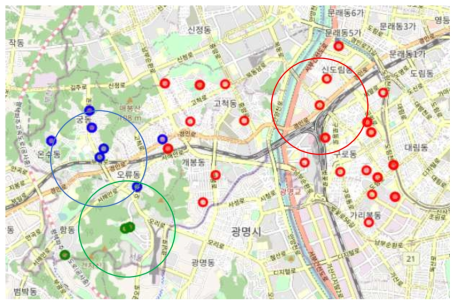 실험 및 학습에 사용된 관측소의 분포도