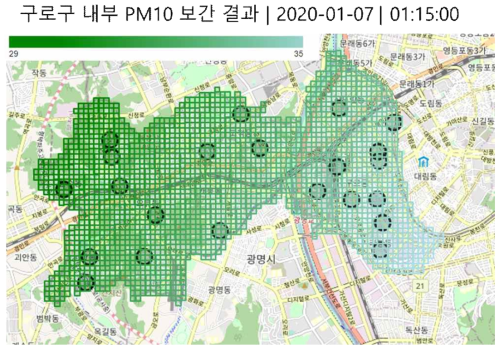 구로구 전체 고해상도 PM10 보간 결과 예시 (검은색 동그라미 : 구로구 내 실측 센서 위치)