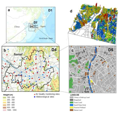 CMAQ 모델링 영역: (a) 동아시아(D1), 한반도(D2), 수도권(D3)과 (b) 서울(D4), CALPUFF 모델링 영역: (c) 구로지역 토지피복과 (d) 건물분포
