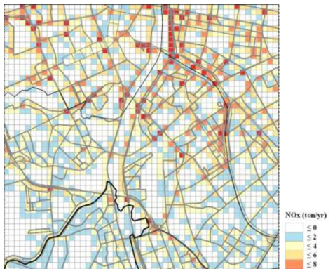CALPUFF 모델링 영역 도로이동오염원에서 배출되는 NOx 배출량