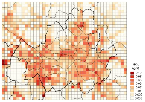 서울영역(1 km grid) CMAQ-ready NOx 배출량 분포 예시 (2018. 01. 01. 15 KST)