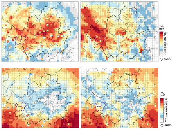 서울지역 NO2(위)와 O3(아래) 농도의 공간분포(1 km 격자 해상도). HM_a(좌)와 HM_b(우) 모델링 case. 2018년 5/22일 14 KST