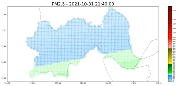 본 과제에서 제안된 AI 기반 고해상도 대기오염도 데이터 생산 방법의 구로구 100m×100m 격자에 대한 PM2.5 예측 결과값 예시
