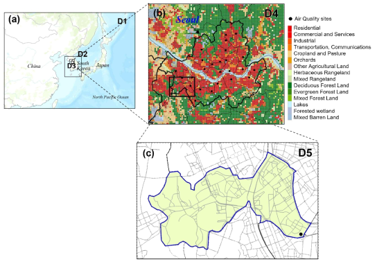 (a, b)CMAQ 모델링 영역: 동아시아(D1), 한반도(D2), 수도권(D3)과 서울(D4); (c) CALPUFF 모델링 영역: 구로(D5)
