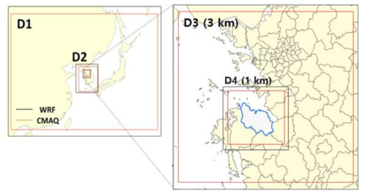 WRF 및 CMAQ 모델링 영역: 동아시아(D1), 한반도(D2), 수도권(D3)과 당진(D4)