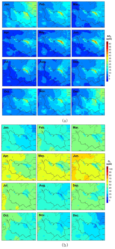 CMAQ 모델로 예측된 2020년 당진지역 월별 NO2(a), O3(b) 평균농도 분포