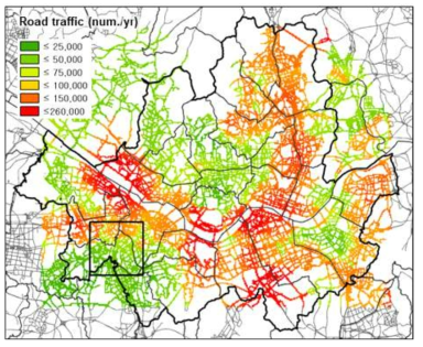 서울지역 주요 도로의 교통량 (2016년 기준)