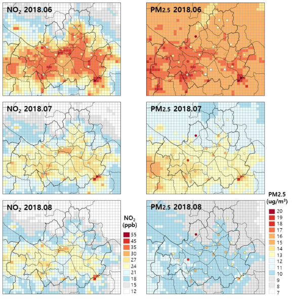 서울영역(D4) CMAQ　격자별 NO2, PM2.5 평균농도와 도시대기측정소 월평균 농도(colored circle) 비교, 2018년 6, 7, 8월