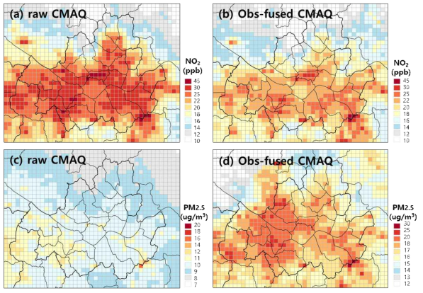 서울영역(D4) NO2(위), PM2.5(아래) 평균농도 수평분포(2018년 6월∼8월), raw CMAQ 농도(왼쪽)와 obs-fused CMAQ 농도(오른쪽) 비교