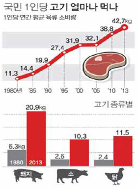 1인당 육류 소비량 추이(출처:연합뉴스)