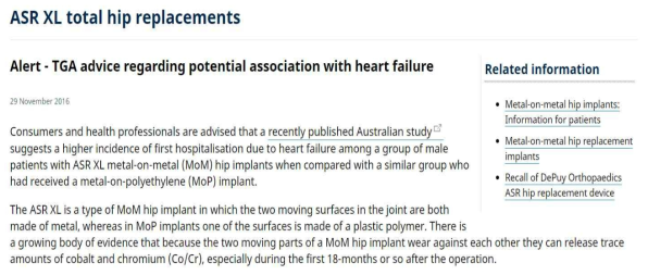 ASL XL metal-on-metal hip implant에 대한 안전성 서한 배포