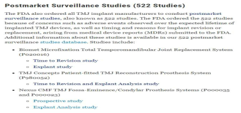 미국 FDA가 명령한 인공턱관절(TMJ) 대상 522 연구