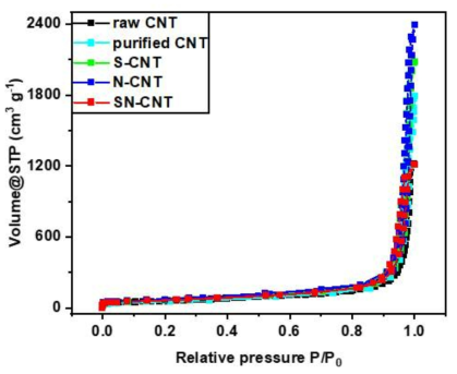 N2 adsorption/desorption isotherms of raw CNT, purified CNT, S-CNT, N-CNT, and SN-CNT