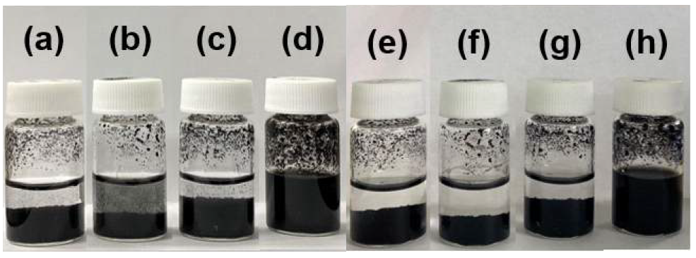 a digital photograph images of visual dispersion test in water. (a)-(d) shaking after 0h, (e)-(h) shaking after 24h (a), (e) raw CNT, (b), (f) S-CNT, (c), (g) N-CNT, and (d), (h) SN-CNT