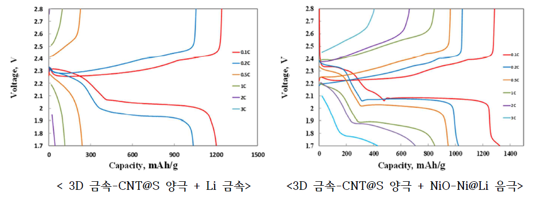 C-rate에 따른 리튬황전지 성능 비교: voltage profile curve