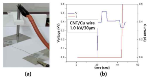 (a) 절연파괴전압 측정형태, (b) CNT/Cu wire에 전착코팅된 PI 절연층(14.64㎛) 절연특성 그래프