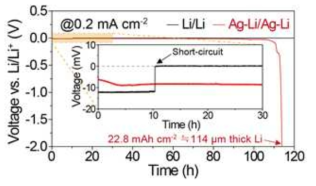 0.2 mA cm-2에서 Li/Li와, Ag-Li/Ag-Li 대칭셀 전압 프로파일 곡선 결과