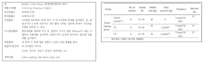 종양세포가 이식된 면역부전마우스에서의 중간엽 줄기세포 유래 세포외소포(ASC- 및 UC-extracellular vesicles) 반복 투여에 따른 종양증식영향 평가 시험군 정보