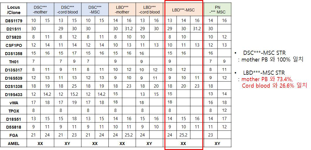 STR 분석 결과 중 빨간 네모는 세포가 혼재되어 있는 양상의 결과를 나타냄